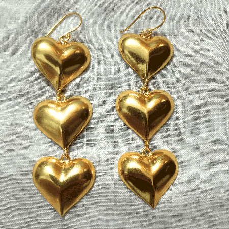 Three Heart dangle earring, Brass 18k gold plated, Handmade brass jewelry